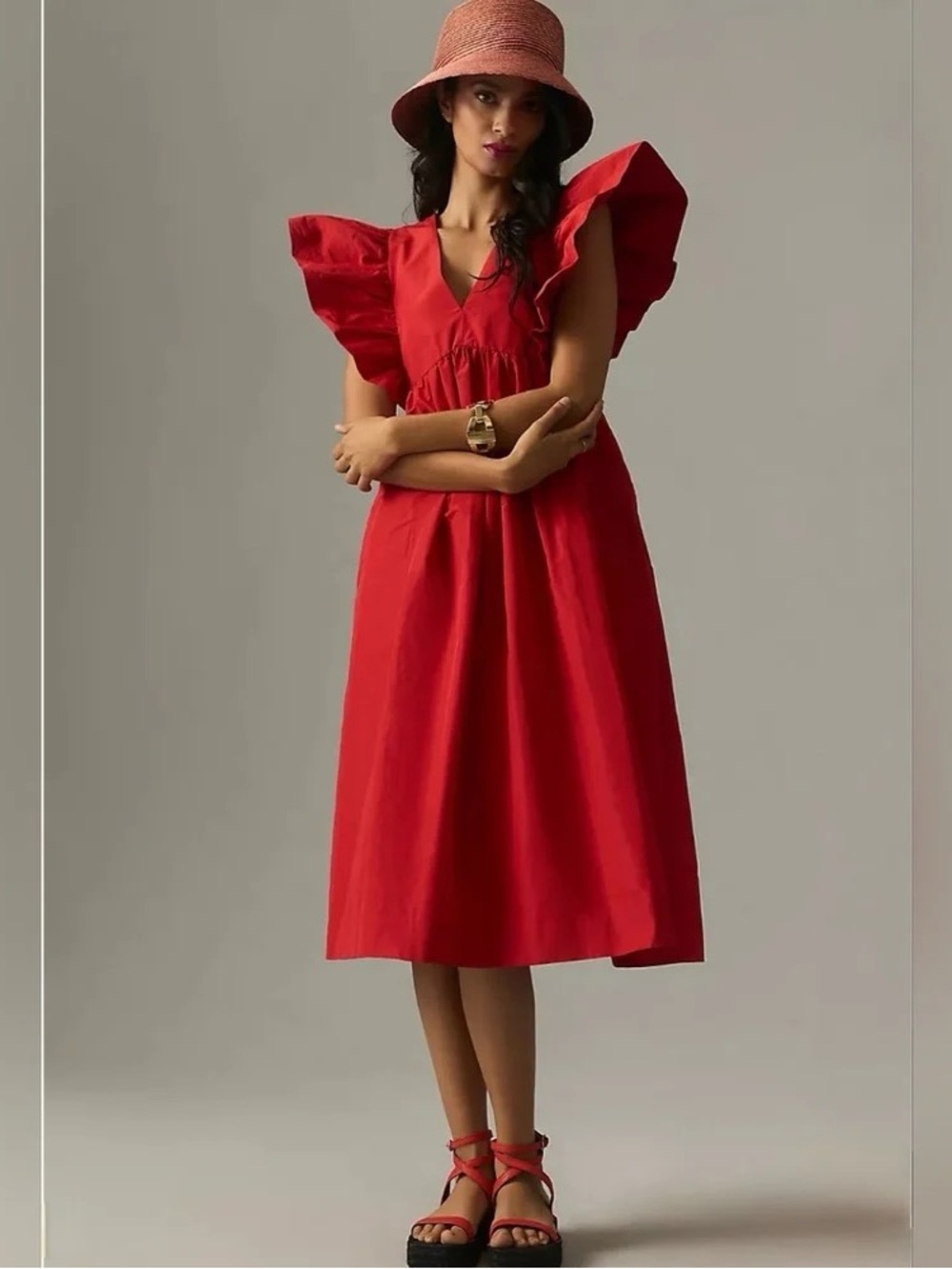 Maeve Red Flutter-Sleeve V-Neck Midi Dress